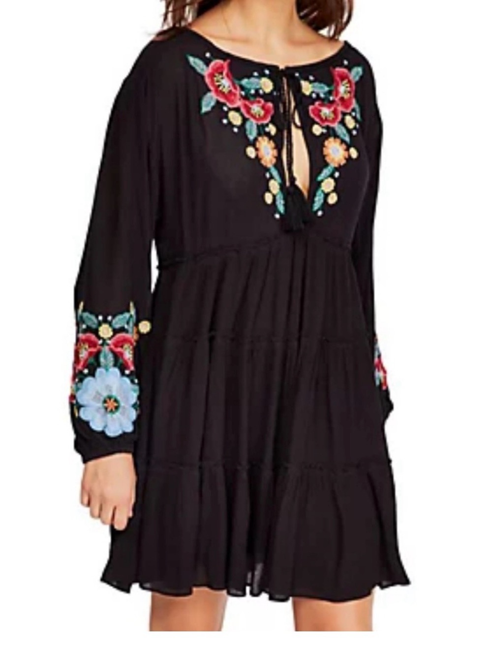 Free People “Spell On You” Tiered Mini Dress with Floral Embroidery